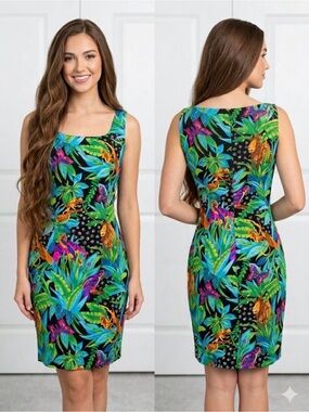 VTG Spenser Jeremy 100% Silk Jungle Animal Print Sheath Dress Lion Monkey Size 8